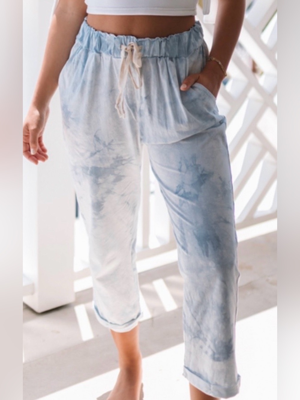 Light Blue Tie-Dye Drawstring Capris